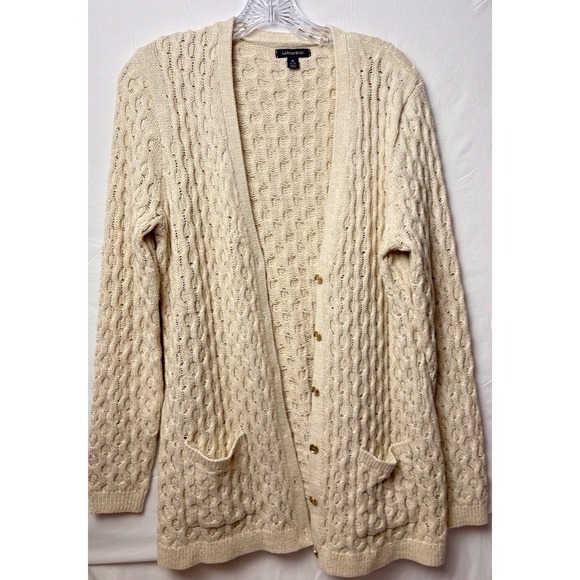 Land's End Women's M Cable Knit Long Cardigan Sweater Beige Oatmeal Button Front - Picture 2 of 11